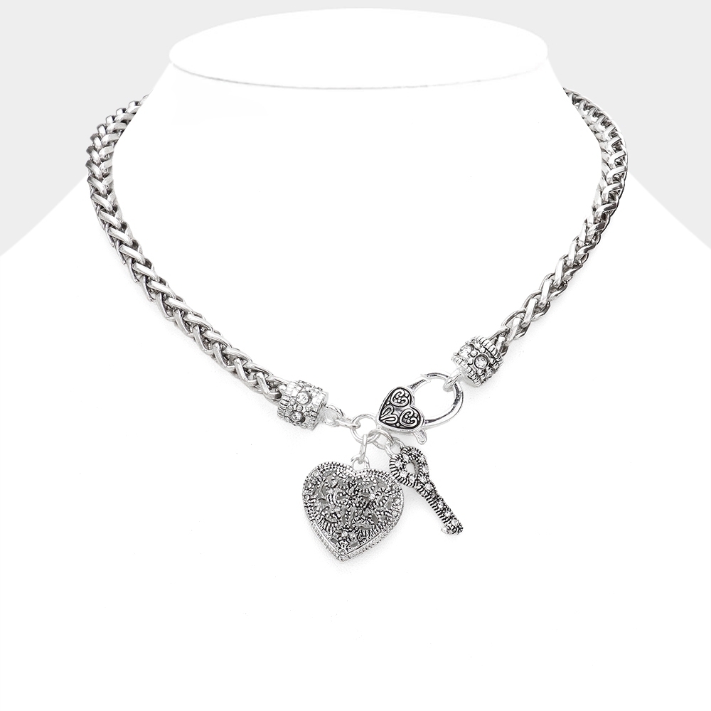 Antique Silver Metal Heart Lock & Key Pendant Necklace Charm Statement Jewelry